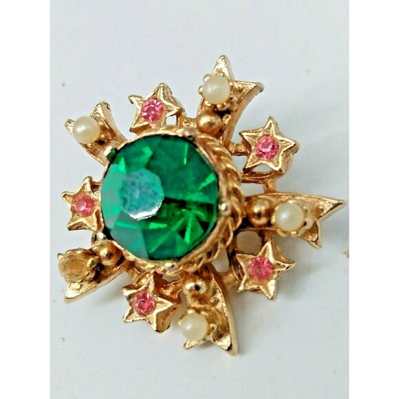 Vintage Coro Star Brooch Green & Pink Rhinestone Pearl seed bead 1 1/4" - Picture 6 of 9